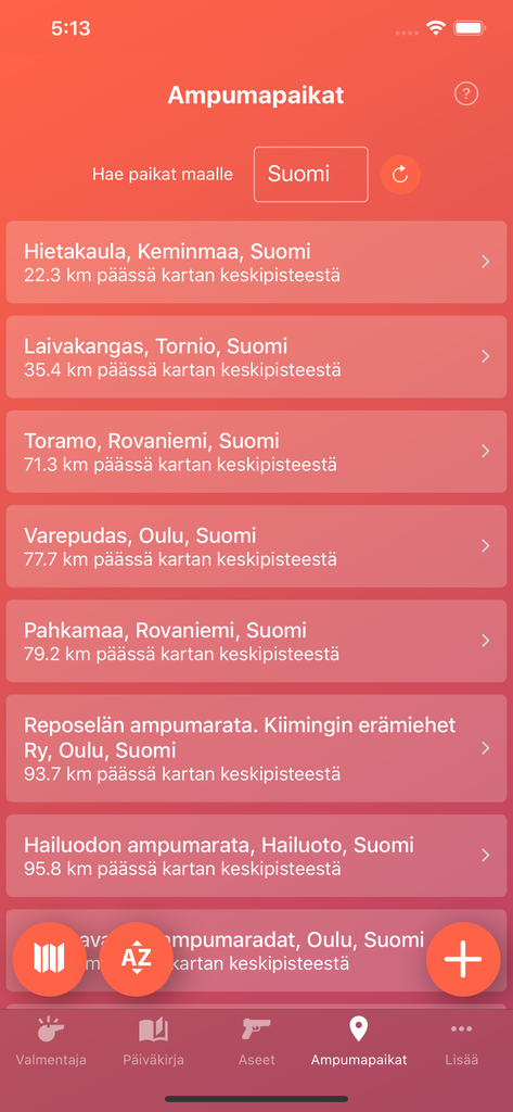 Ampumapaikat etäisyyden mukaan Ampumapaikat etäisyyden mukaan